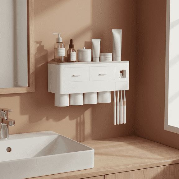 Uscover Easy Installation without Drilling Toothbrush Holder for Bathroom, 4-Slot Toothbrush Holder Wall Mounted with Toothpaste Dispenser ,2 Cosmetic Drawer - Bathroom/Dorm Room Essentials