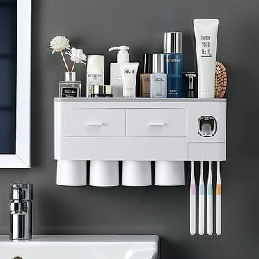 Uscover Toothbrush Holder for Bathroom, 4 Cups Toothbrush Holder Wall Mounted with Toothpaste Dispenser - Large Capacity Tray, 2 Cosmetic Drawer - Bathroom Storage & Bathroom Organizer