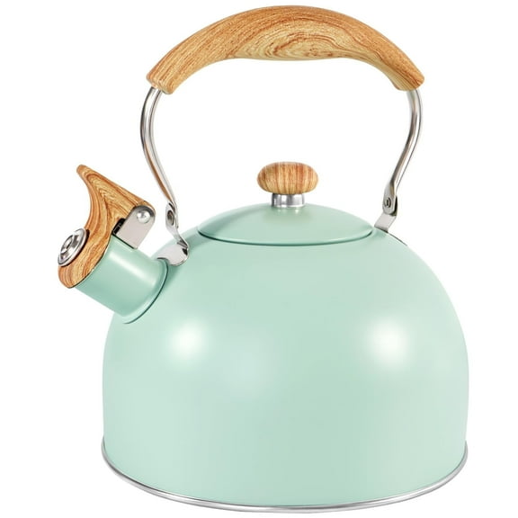 Uscover Whistling Stovetop Water Teakettle,Mint Green Tea Kettle Teapot with Ergonomic Wood Cool Touch Folding Handle,Mordern Kettle Outlet for Gas Electric,2.5L Stainless Steel