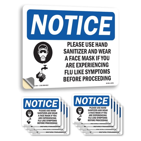 Use Hand Sanitizer Face Mask If Flu OSHA Notice Vinyl Decal Label 10 Inch x 7 Inch - 10 Pack