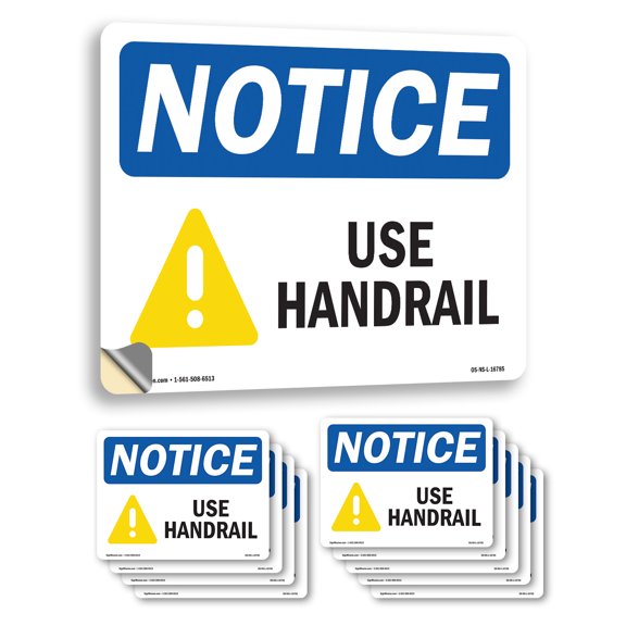 Use Handrail OSHA Notice Vinyl Decal Label 24 Inch x 18 Inch - 10 Pack