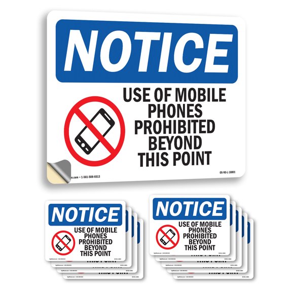 Use Of Mobile Phones Prohibited With Symbol OSHA Notice Vinyl Decal Label 10 Inch x 7 Inch - 10 Pack