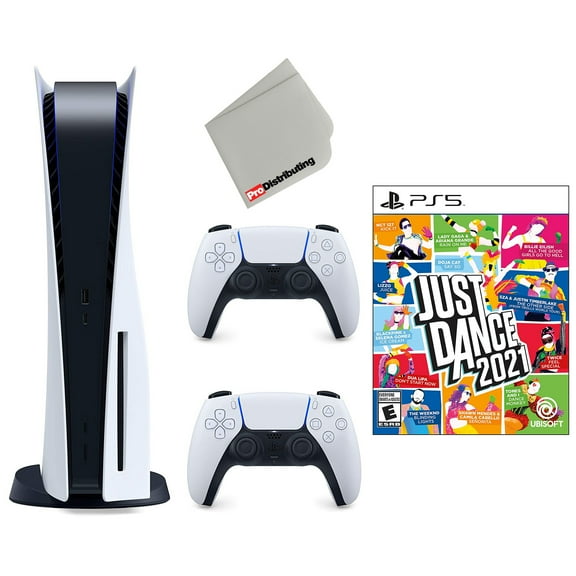 Restored Sony Playstation 5 Disc Version with Extra Controller Bundle with Just Dance 2021 and Cleaning Cloth - Glacier White - (Refurbished)