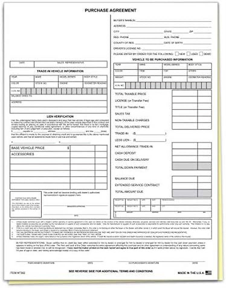 Used Vehicle Automotive Bill Of Sale Purchase Agreement (2 Part) Auto