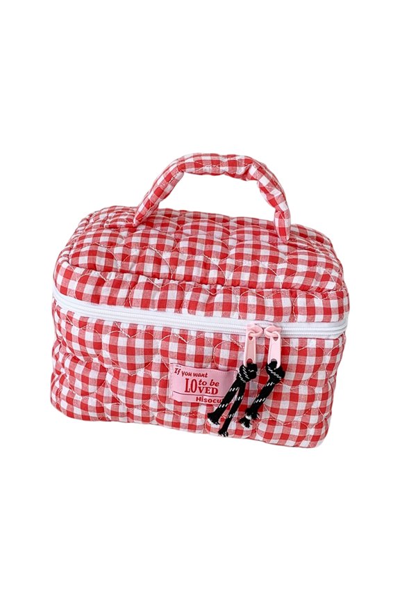 User Friendly Fabric Plaids Toiletry Bag With Quilted Heart Detail Spacious Interior Hand Carry For Travel Individual Care