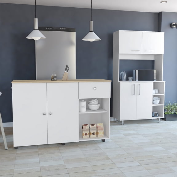User-Friendly Interlocking & Video Assistance - White Kitchen Island and Pantry Set
