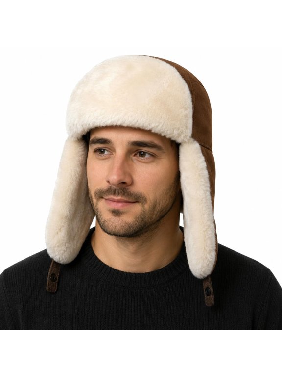 Ushanka Aviator Trapper Genuine Sheepskin Shearling Leather Hat Men Women, Real Shearling Fur Ushanka Winter Hat for Extreme Cold (US, Alpha, 3X-Large, Espresso)