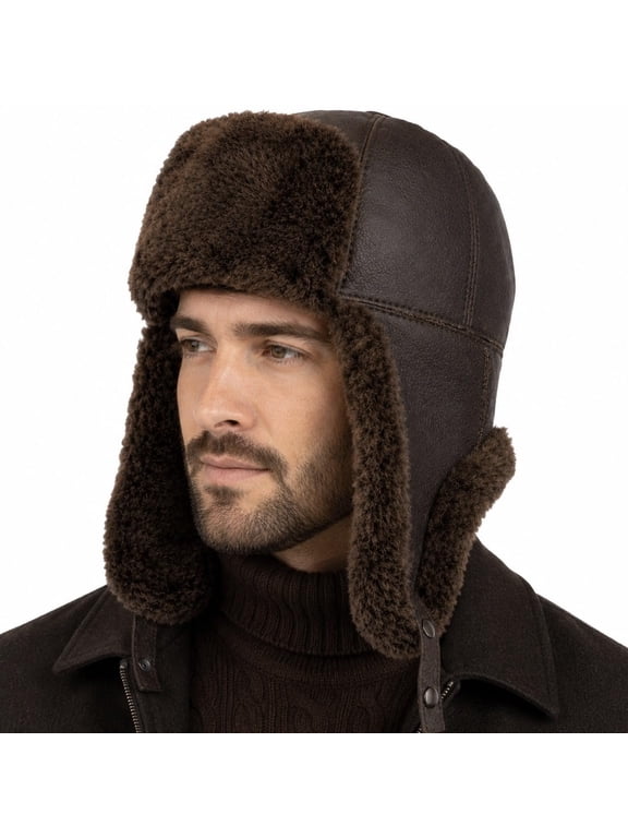 Ushanka Aviator Trapper Genuine Sheepskin Shearling Leather Hat Men Women, Real Shearling Fur Ushanka Winter Hat for Extreme Cold (US, Alpha, Medium, Tobacco Brown)