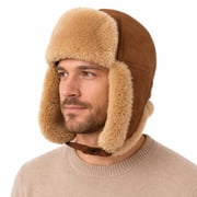 Ushanka Aviator Trapper Genuine Sheepskin Shearling Leather Hat Men Women, Real Shearling Fur Ushanka Winter Hat for Extreme Cold US, Alpha, XX-Large, Camel