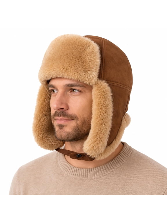 Ushanka Aviator Trapper Genuine Sheepskin Shearling Leather Hat Men Women, Real Shearling Fur Ushanka Winter Hat for Extreme Cold (US, Alpha, XX-Large, Camel)