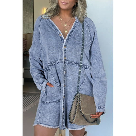 Ushdele Beau Blue Mineral Washed Denim Dress with Raw Hem & Stylish Pockets