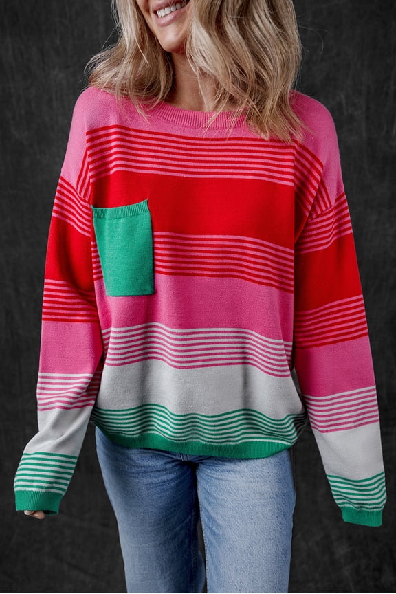 Boho-Inspired Striped Sweater - Rose Drop Shoulder Charm