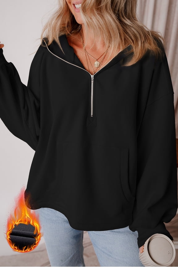 Chic Black Fleece Half Zip Kangaroo Pocket Hoodie - Versatile & Cozy