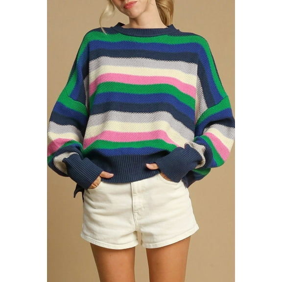 Ushdele Chic Green Striped Knit – Drop Shoulder Sweater, Must-Have Style!