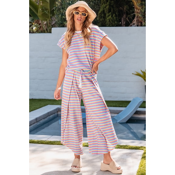Ushdele Chic Pink Striped Top & Wide Leg Pants Set