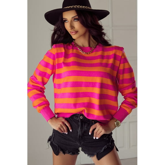 Ushdele Chic Rose Stripe Sweater: Shoulder Pad Knit Top - Versatile All-Seasons Style