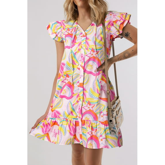 Ushdele Chic Ruffle Flutter Dress: V-neck Floral Elegance