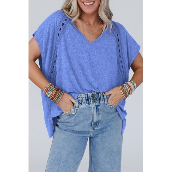 Ushdele Chic V-Neck Crochet Oversized Tee - Bat Sleeve Summer Must-Have