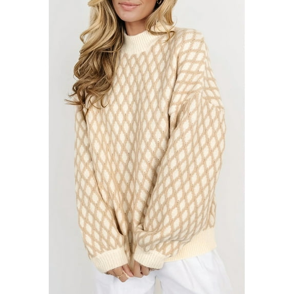 Ushdele Cozy Oatmeal Knit Sweater - Drop Shoulder, Charm Print