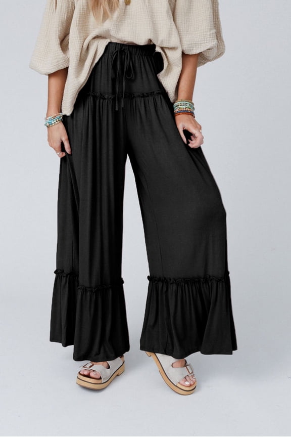 Elegant Black Frilled Pants - Flatter Your Curves Wide Leg Style!