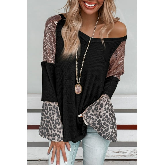 Ushdele Elegant Leopard Sequin Top - V-Neck Long Sleeves, Fashion Essential!
