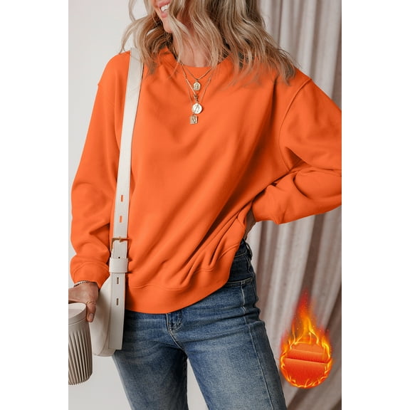 Ushdele Elegant Orange Fleece Terry Drop Shoulder - Cozy & Chic Daily Wear