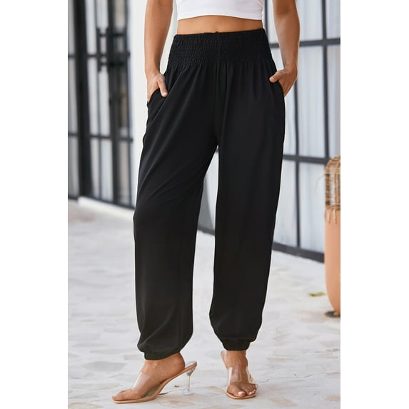 Ushdele Elevate Your Style with Black Smocked High Waist Joggers - Perfect Fit for Any Occasion!