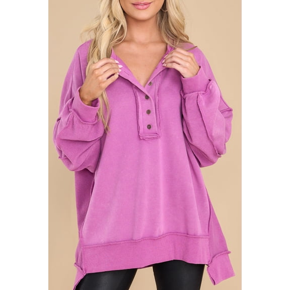 Ushdele Flattering Fit! Chic Purple Oversized Henley - Your Must-Have Casual Wear!