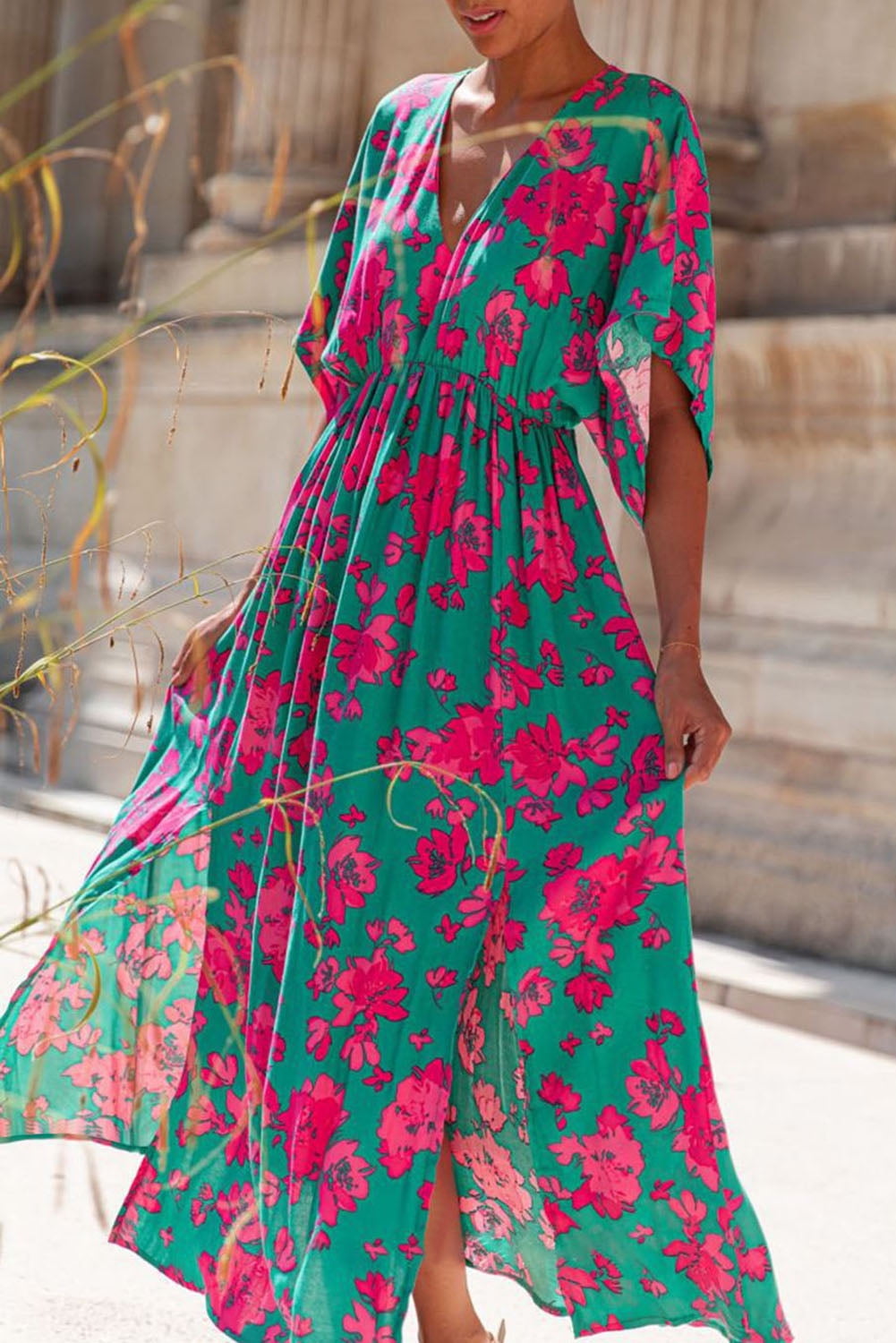 (4p. pack) Green Floral V-Neck Printed Midi Dress - T-80 main image 1