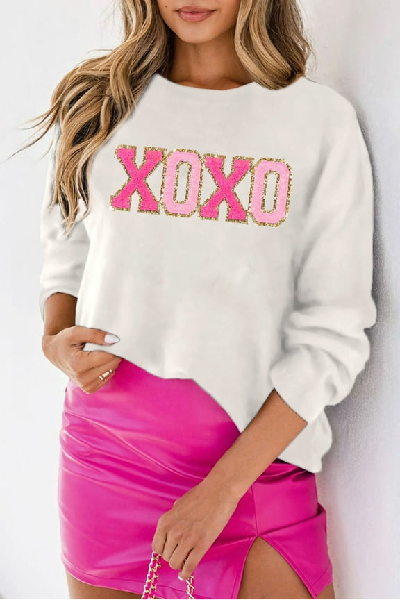 Sparkling White Glitter Sweater - Trendy Round Neck, XOXO Detail, Versatile Fit!
