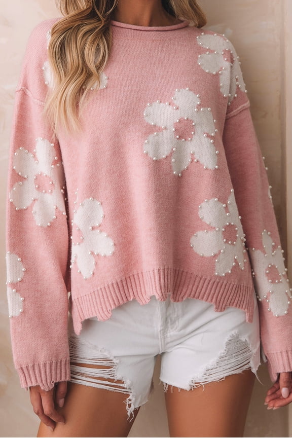 Stylish Floral Beaded Sweater – Drop Shoulder for All-Day Elegance!