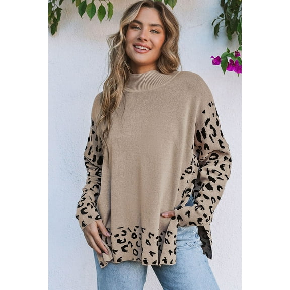 Ushdele Stylish Khaki Leopard Sweater - High Neck, Side Slit, Long Sleeves