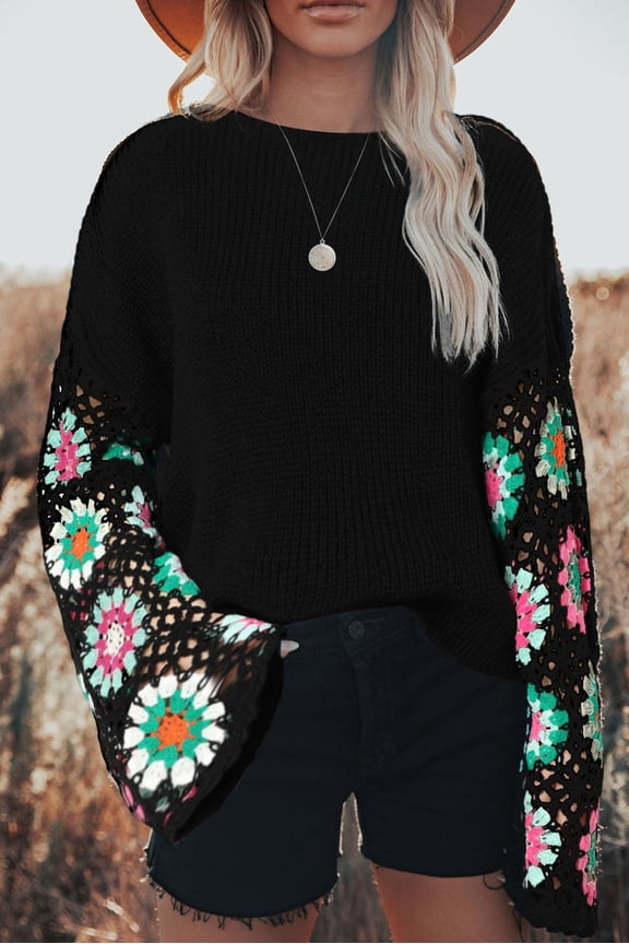 Vibrant Black Floral Crochet Sweater - Elegant Boho Style for Every Day