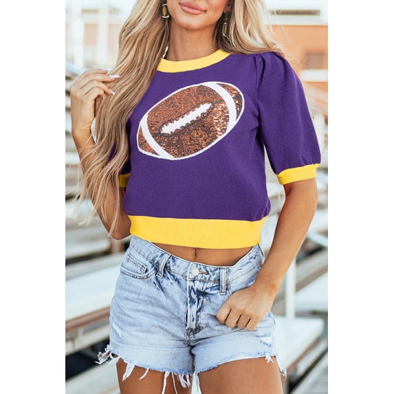 Ushdele Vibrant Purple Sequin Rugby Sweater | Chic Color Block Design