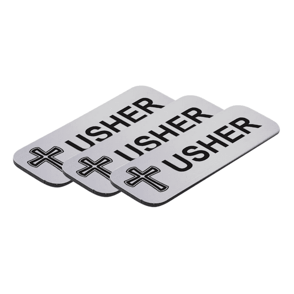 Usher 1 x 3" Name Tag/Badge, Silver, Cross Design (3 Pack)