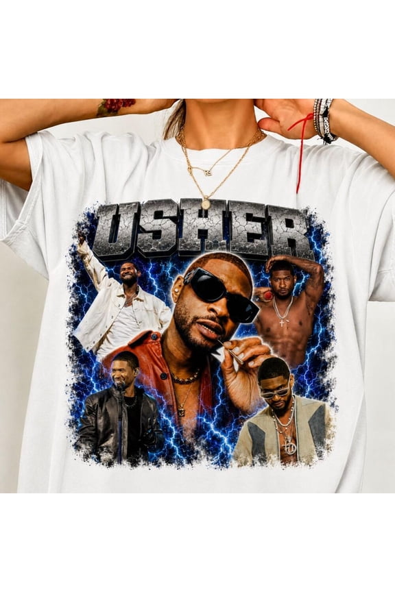 Usher Vintage Graphic T-Shirt, R&B Music Legend Collage Tee, Retro Concert Fan Shirt