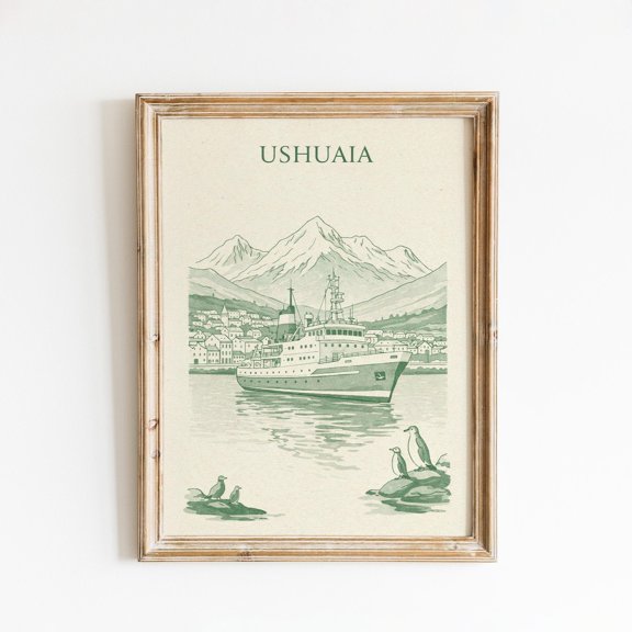 Ushuaia Vintage Patagonia Harbor Illustration Living Room Bedroom Office Decor Wall Decor Unframed Paper Print