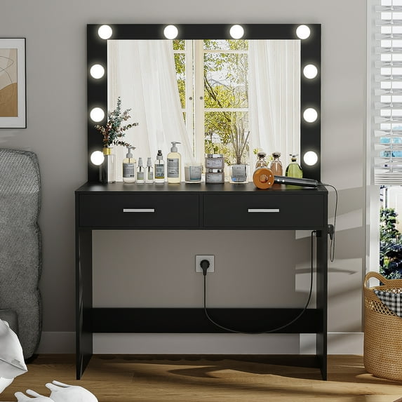 Usikey Lighted Mirror, Charging Station, 2 Drawers Makeup Vanity Desk, Black