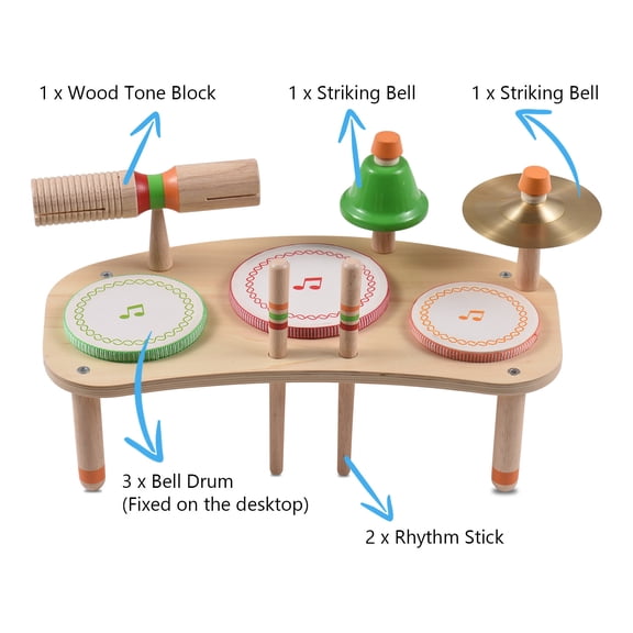 UsilkU 7-in-1 Kids Wooden Drum Set Portable Detachable Desktop Percussion Instrument Educational Musical Toys for Toddlers Natural Wood Smooth Burrless Christmas Birthday Gift for Boys Girls 15.7 In