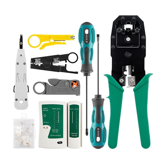 UsilkU Professional Network Cable Tester Kit 12 Pieces Tool Set with RJ45 Crimper Stripping Wire Cutter and Modular Plugs Storage Pouch Included (8.27 inches / 21 cm Length)