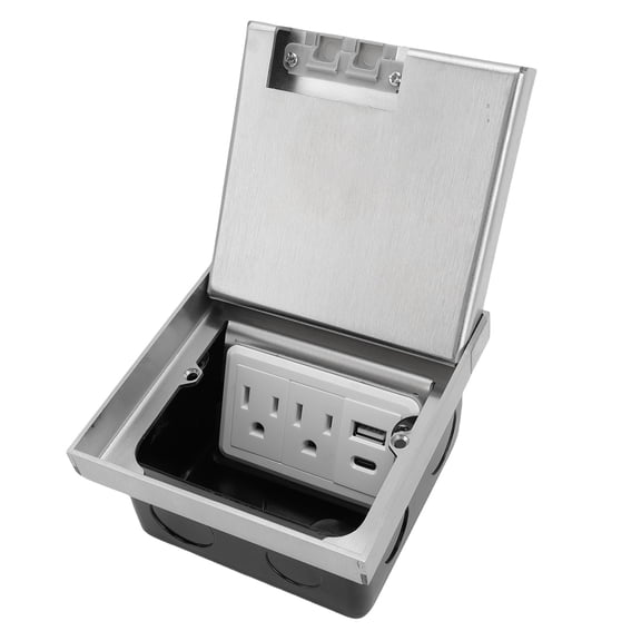 UsilkU Recessed Floor Electrical Outlet Box Kit Double 3 Prong Receptacle with USB A & USB C Ports, Silver Finish Concealed Desktop Socket for Carpet Tile Marble Wood Board, 110V