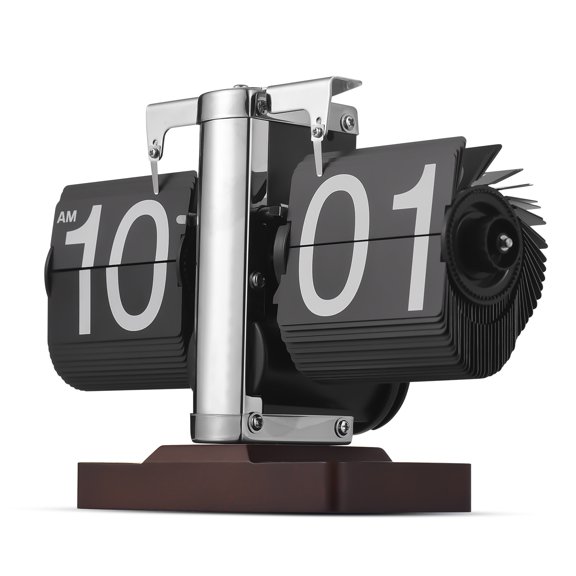UsilkU Vintage Desk Flip Clock, Retro Mechanical Digital Table Clock Page Turner Small Clock with Wooden Base (8.07 x 5.63 x 2.75 inches / 20.5 x 14.3 x 7 cm), Black 12-Hour Format