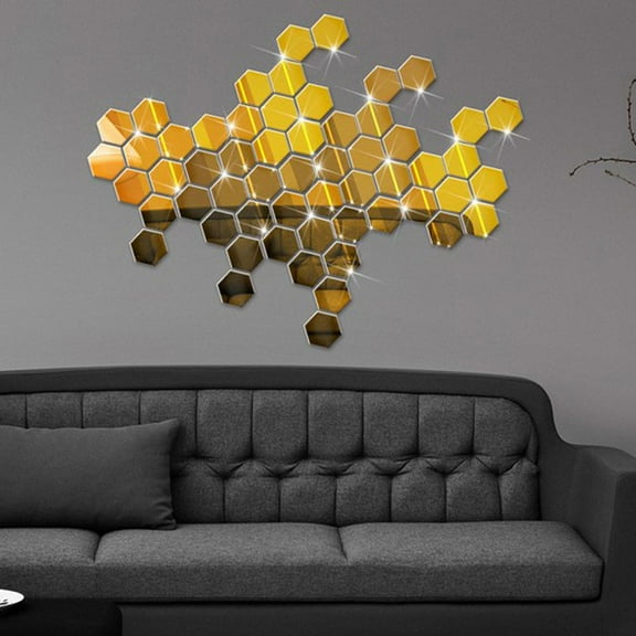 Usloyux 12PCS Hexagon Acrylic Mirror Vinyl Wall Decals, Removable Self-Adhesive Wall Sticker for Home Decor Art DIY, Gold Silver Black Reflective Wall Tiles for TV Sofa Wall