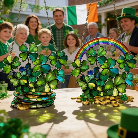 Usloyux 2Pcs 2D Acrylic Shamrock Pendant, Four Leaf Clover Window Hanging Decor, Outdoor Porch Chain Decoration, Weather Resistant, Easy to Hang, Festive St. Patrick's Day Decorations
