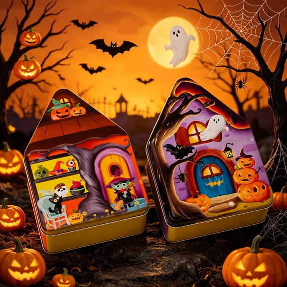 Usloyux 2Pcs Holiday Alien House Iron Box Storage Container, Haunted Mansion Shaped Tin Box for Treats Candy Snacks, Holiday Party Favor Gift Box for Home Kitchen Counter Shelf Table Decor