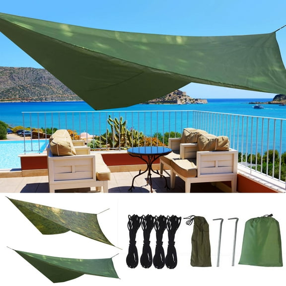Usloyux 2Pcs Triangular Outdoor Camping Sunshade Canopy, Waterproof Sunscreen Shelter with Damp Mat for Beach, Patio, Garden, Picnic, Portable Easy Setup with Ropes and Nails, All Weather Use