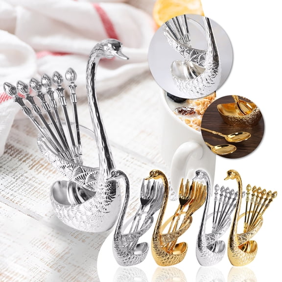 Usloyux 3Pcs Elegant Alloy Tableware with Swan-Shaped Stand, Includes Six Pieces for Desserts and Coffee, Rust-Resistant and Dishwasher Safe, Perfect for Home Dining and Parties, Stylish Gift