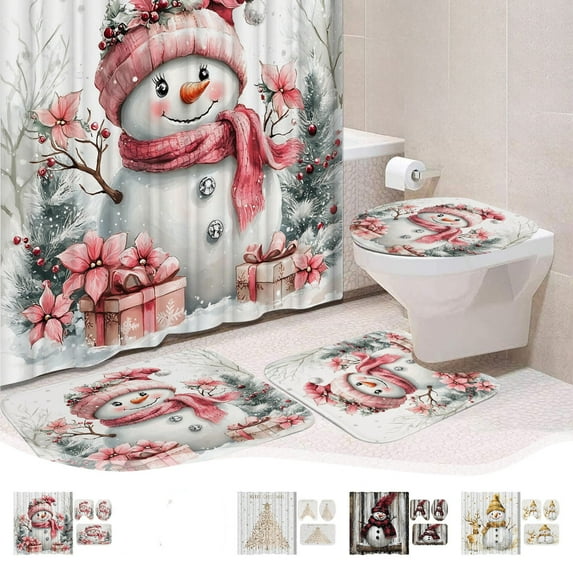 Usloyux Under $5 4 PCS Christmas Shower Curtain Set, Winter Christmas Snowman Shower Curtain with Rugs, Cute Xmas Snowman Christmas Tree Forest Shower Curtain Set Christmas Decor with 12 Hooks