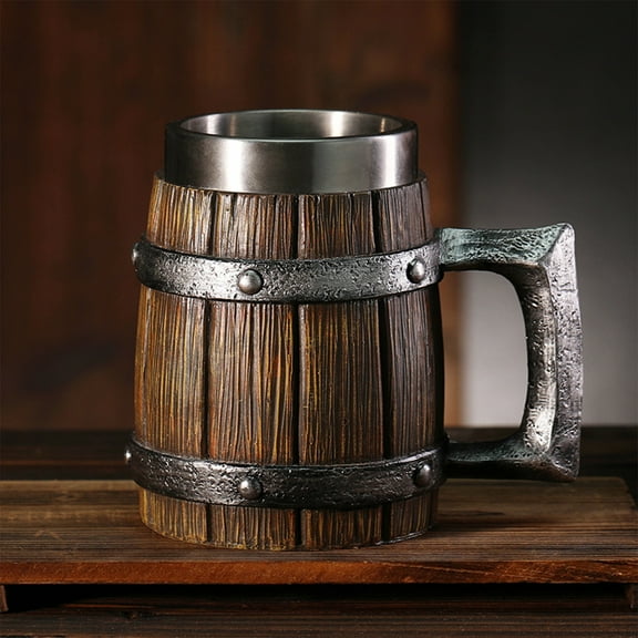 Usloyux Under $5 Barrel Shaped Stainless Steel Mug, German Style Large Capacity Beer Cup, Imitation Wood Finish Drinking Vessel, Durable Bar Glass for Beverages and Cocktails