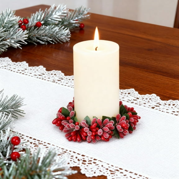 Usloyux Under $5 Christmas Candle Ring, Red Berry Candle Wreath for Candles, Holiday Candle Decor, Xmas Candle Holder Ring, Christmas Table Centerpiece Candle Decorations